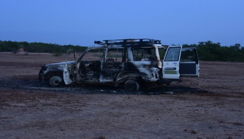This August 9, 2020 image shows the wreckage of the car where six French aid workers, their local guide and the driver were killed by unidentified gunmen riding motorcycles in an area of southwestern Niger.