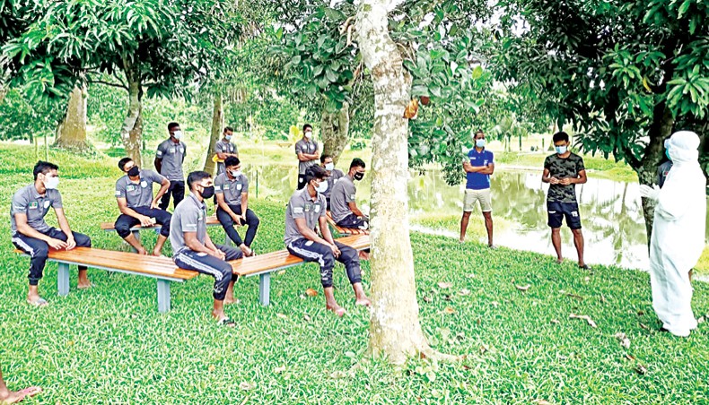 A file photo from August 10, 2020 shows a group of Bangladesh national football team members waiting to give their samples for COVID-19 test at the Sarah Resort in Gazipur. — BFF photo