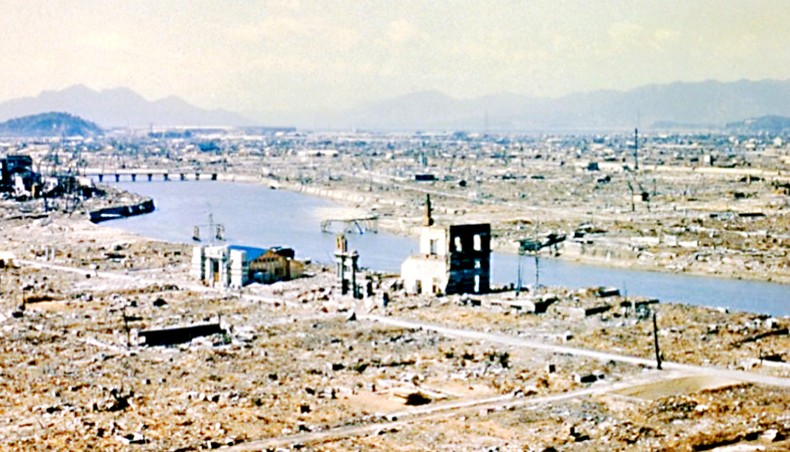 In March 1946, eight months after the atomic bomb was dropped, the city of Hiroshima stood in ruins. — Wikimedia Commons
