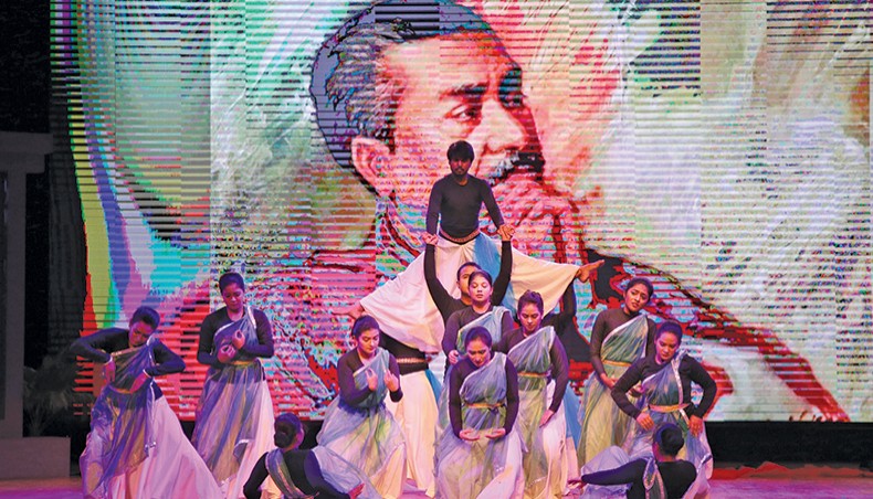 Artistes perform a dance drama titled ‘Gangariddhi Theke Bangladesh’ portraying the achievements and sacrifices of the country’s founding president Sheikh Mujibur Rahman at National Theatre Hall of Bangladesh Shilpakala Academy on Monday. — Sony Ramany