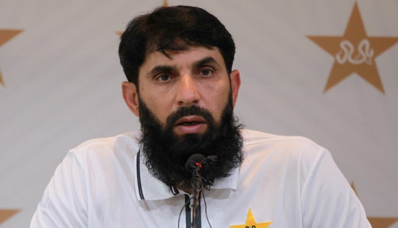 In this handout picture released and taken by Pakistan Cricket Board Monday shows Pakistan cricket team coach Misbah-ul-Haq speaks to media during a press conference in Lahore. — AFP photo