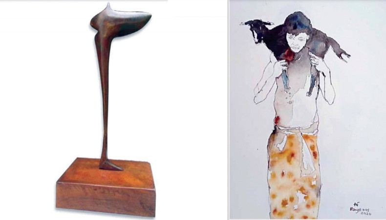 Works by Hamiduzzaman Khan, left, Ranjit Das.