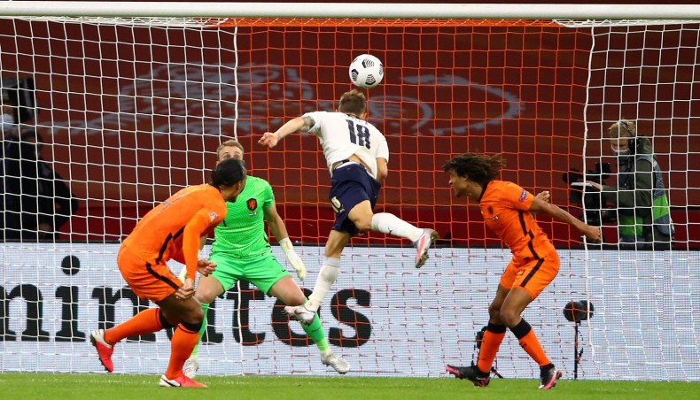 Italy midfielder Nicolo Barella (C) heads to score against the Netherland during their UEFA Nations League at the Johan Cruyff Arena in Amsterdam on Monday. — Twitter photo