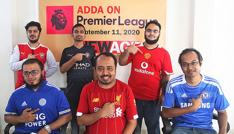 Football fans of different English Premier League clubs pose for photograph at the end of Adda hosted by New Age at its office on Friday. — Abdullah Apu