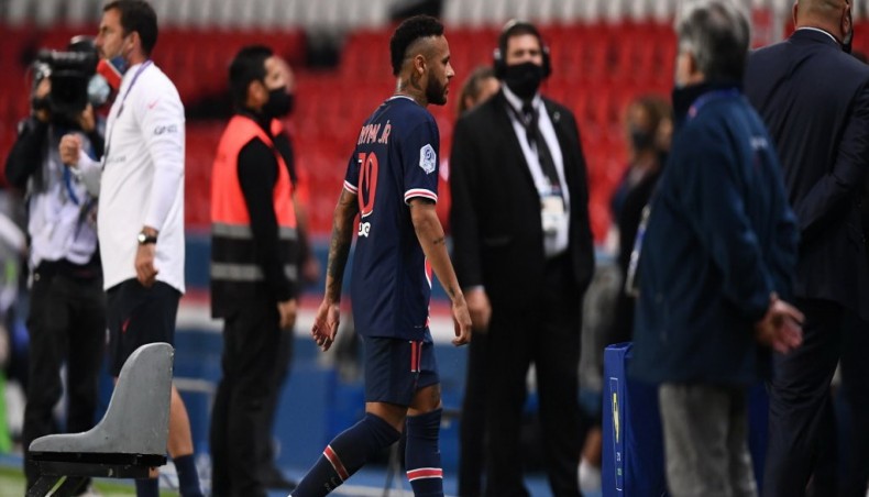 Paris Saint-Germain forward Neymar (C) walks off the pitch after a red card during their French L1 match against Marseille at the Parc de Princes stadium in Paris on Sunday. — AFP photo