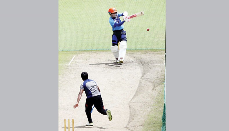Bangladesh batsman Mushfiqur Rahim plays a shot during a training session at the Sher-e-Bangla National Stadium on Tuesday. — BCB photo