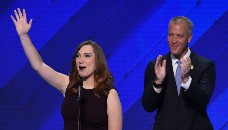 LGBT rights activist Sarah McBride and congressman Sean Patrick Maloney of New York at the Democratic National Convention on July 28, 2016 in Philadelphia. — AFP Photo