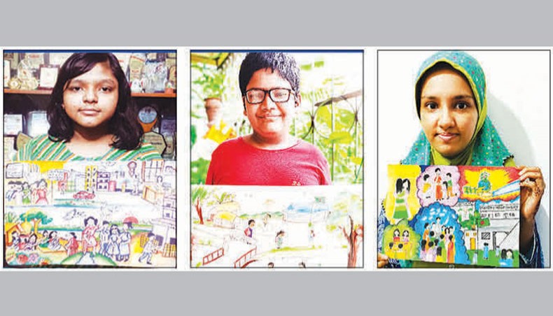 Group winners are, from left, Mushrat Mahjabin Maha, Abu Huraira Saad and Umma Hani Nodi.