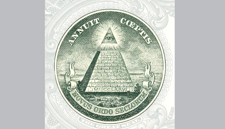 The Eye of Providence, or the all-seeing eye of God, seen here on the US$1 bill, has been taken by some to be evidence of a conspiracy involving the founders of the United States and the Illuminati. — Public Domain