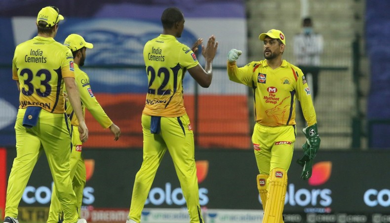 Chennai Super Kings skipper Mahendra Singh Dhoni (R) celebrates with team-mates during their IPL 2020 opening match against Mumbai Indians in UAE on Saturday. — Twitter photo