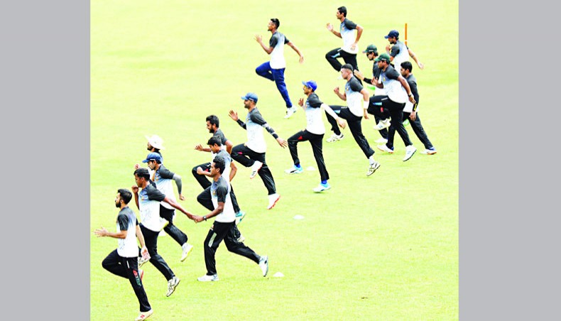 Bangladesh national team cricketers jog on the opening day of their skill training camp at the Sher-e-Bangla National Stadium on Sunday. — New Age photo