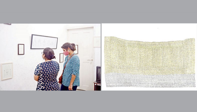 Viewers look at displayed artworks by artist Nabil Rahman at Studio 6/6 in Mohammadpur, left, an artwork by the artist. — press release
