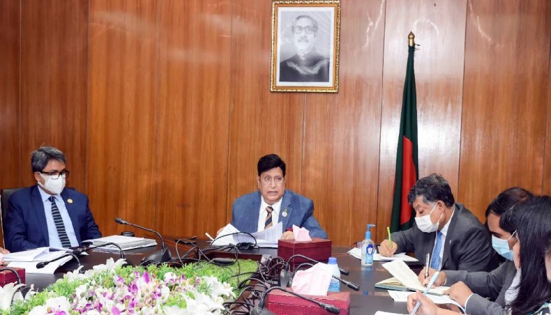 Foreign minister AK Abdul Momen (second from left) presides over a meeting at his ministry office in Dhaka on Monday. -- UNB photo