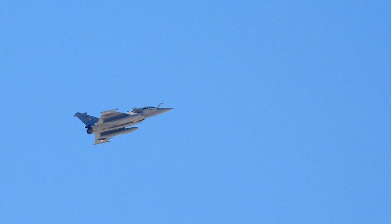 An Indian Air Force Rafale jet flies over Leh, the joint capital of the union territory of Ladakh bordering China, on September 21, 2020. — AFP photo
