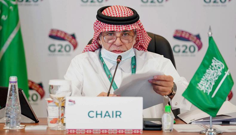 This hand-out picture released by G20 Saudi Arabia on September 22, 2020, shows Saudi minister of commerce Majid al-Qasabi chairing the virtual G20 Joint Extraordinary Meeting of Trade and Investment Ministers in the capital Riyadh, to discuss strengthening trade and investment policy cooperation amid the COVID-19 pandemic. — AFP photo