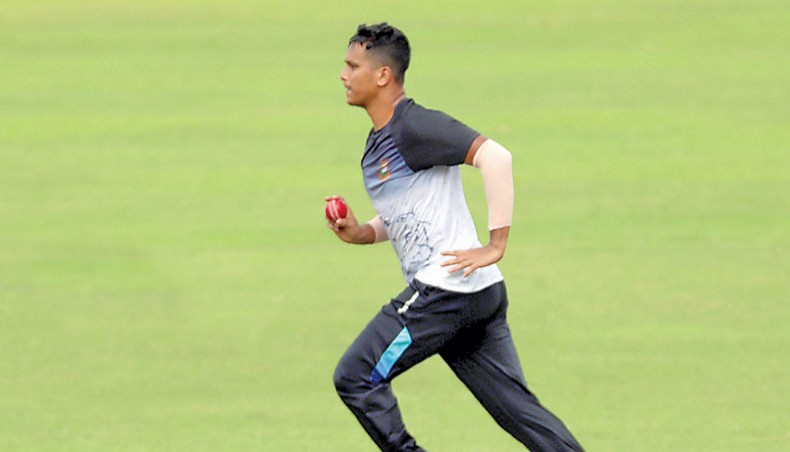 Bangladesh pacer Mohammad Saifuddin bowls on the fourth day of their skill training camp at the Sher-e-Bangla National Stadium Wednesday. — BCB photo