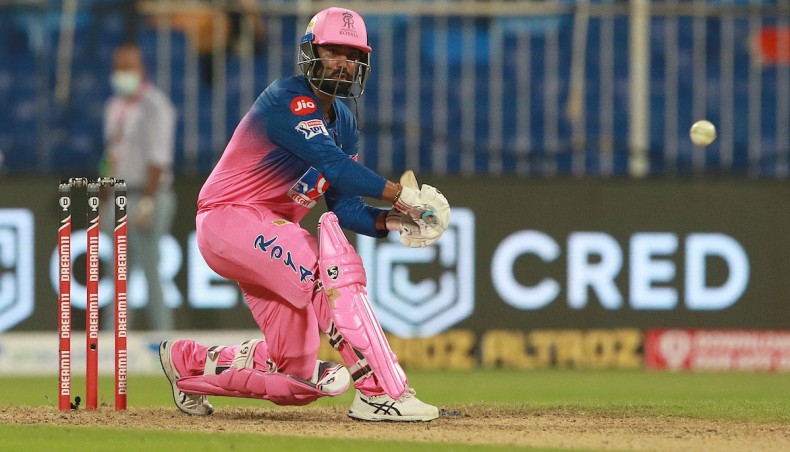 Rajasthan Royals batsman Rahul Tewatia plays a shot during their Indian Premier League match against Kings XI Punjab in Abu Dhabi on Sunday.— Twitter photo