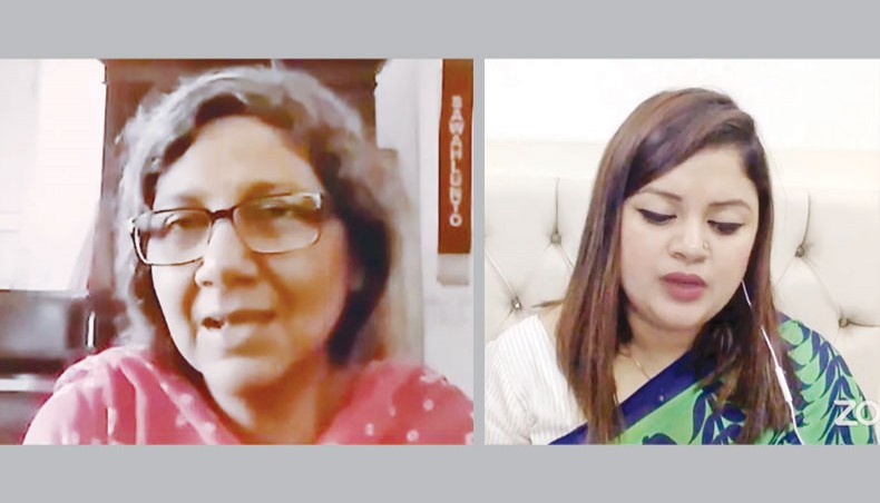Moushumi Bhowmik, left, Farhana Ahmed Chaity participates in an online programme organised by Liberation War Museum on Sunday.
