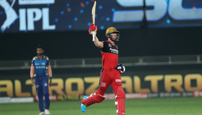 Royals Challengers Bangalore batsman AB de Villiers celebrates after defeating Mumbai Indians in super over of their Indian Premier League match in Abu Dhabi on Monday. IPL photo