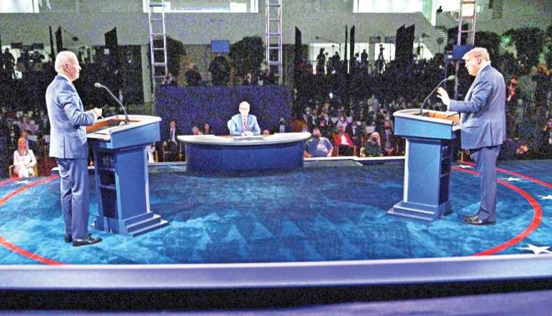 US president Donald Trump, right, and Democratic presidential candidate Joe Biden take part in the first presidential debate at Case Western Reserve University and Cleveland Clinic in Cleveland, Ohio, on Tuesday. — AFP photo