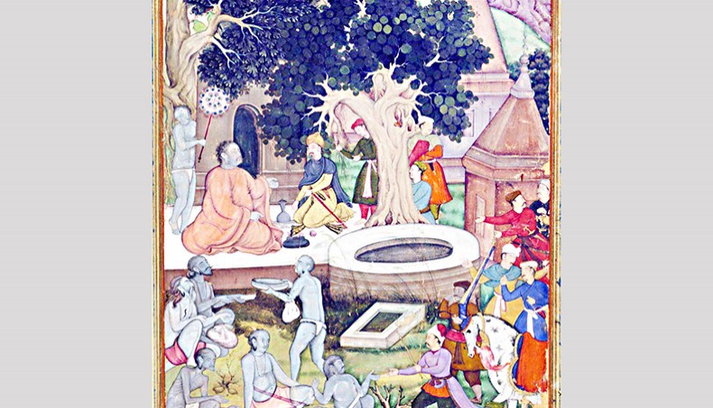 Babur, the founder of the Mughal Empire, and his warriors visiting a Hindu temple in the Indian subcontinent