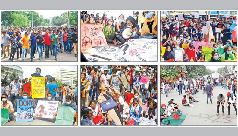Clockwise from top left: Jatiyatabadi Chhatra Dal brings out a procession on Dhaka University campus, students block Satrasta crossing in Bogura, students hold a rally at Sahebbazar in Rajshahi, students block road at Karwan Bazar in Dhaka, students shout slogans during a road block at Shahbagh and protesters stage a sit-in at Shahbagh crossing in the capital on Wednesday. — New Age photo