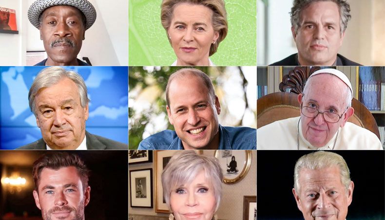 This combination of pictures created on October 10, 2020 of hand-out photos courtesy of TED shows US actor Don Cheadle, European commission president Ursula von der Leyen, US actor Mark Ruffalo, UN secretary-general Antonio Guterres, Prince William, Duke of Cambridge, Pope Francis, Australian actor Chris Hemsworth, US actress Jane Fonda, former US vice-president Al Gore speaking at the Countdown Global Launch 2020 on October 10, 2020. — AFP photo