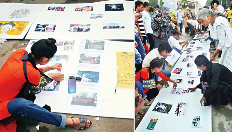 Activists hold an exhibition protesting at rape and violence against women in front of Bangladesh National Museum on Sunday. — Sony Ramany