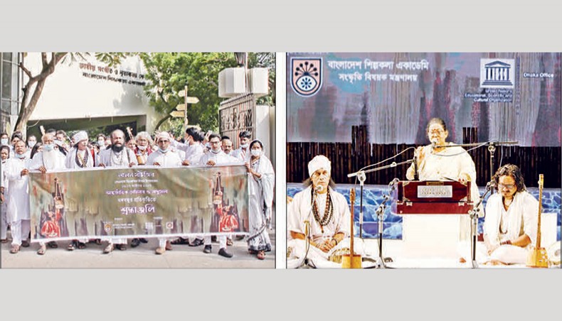 Bauls bring out a procession from Bangladesh Shilpakala Academy marking the 130th death anniversary of Lalon, left, Farida Parveen renders Lalon song at National Theatre Hall of BSA on Friday. — Press release