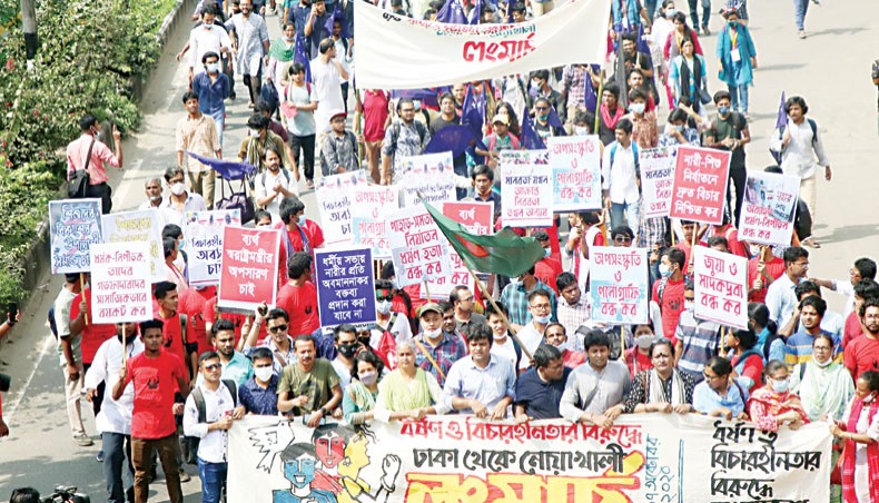 ‘Bangladesh against Rape and Impunity’ begins a long march from Shahbagh of Dhaka to Noakhali on Friday protesting against the countrywide rape incidents. — Sony Ramany