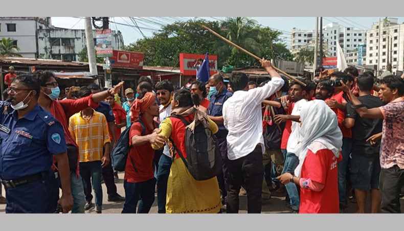 An anti-rape march of several student, cultural and women’s rights organisations comes under attack in presence of police in Feni district town on Saturday. — New Age photo