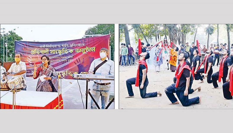 Sammilita Sangskritik Jote organises a programme on Central Shaheed Minar premises, left, and theatre troupe Prachyanat stages a street play on Swoparjito Swadhinota Chwattar premises on Dhaka University campus on Saturday. — Sourav Lasker