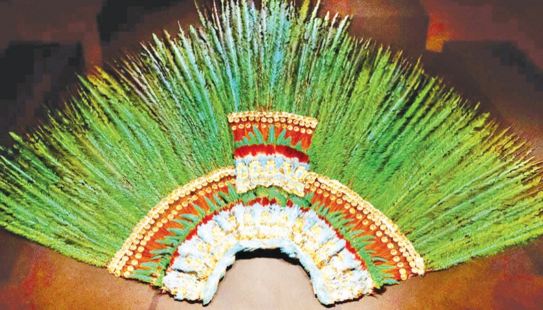 The headdress of Aztec emperor Moctezuma Xocoyotzin (1466-1520) or Moctezuma II, also known as ‘El Penacho’, is displayed at the Museum of Ethnology (Welt Museum) in Vienna on October 15, 2020. — AFP photo