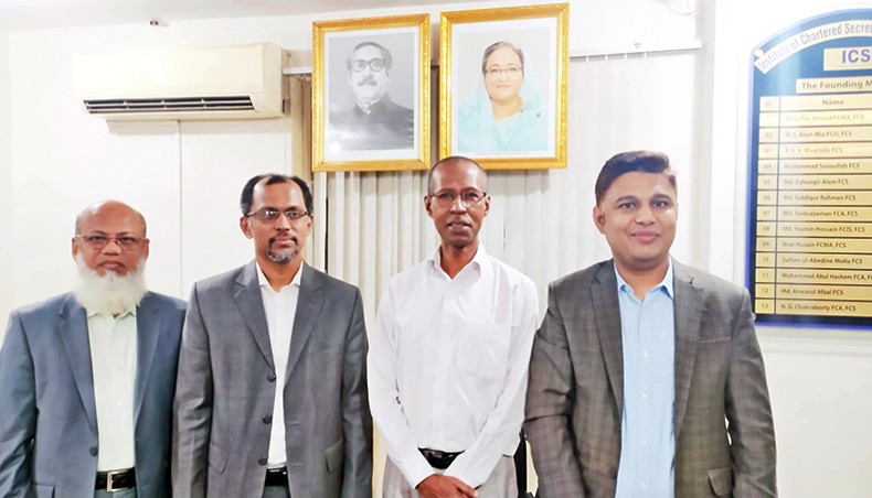 Newly elected office bearers of Institute of Chartered Secretaries of Bangladesh vice-president Salim Ahmed, president Mohammad Bul Hassan, senior vice-president Naseemul Hye and treasurer Md Shafiqul Alam pose for a photo at the institute in Dhaka on Saturday. — Press release