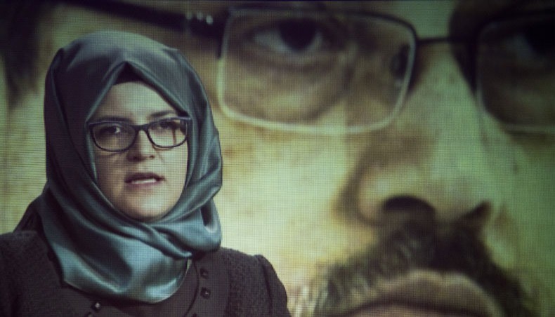In this file photo Hatice Cengiz, the fiancee of the late Washington Post journalist Jamal Khashoggi, delivers a prerecorded message during a remembrance ceremony for her fiancee in Washington, DC, on November 2, 2018. -- AFP file photo