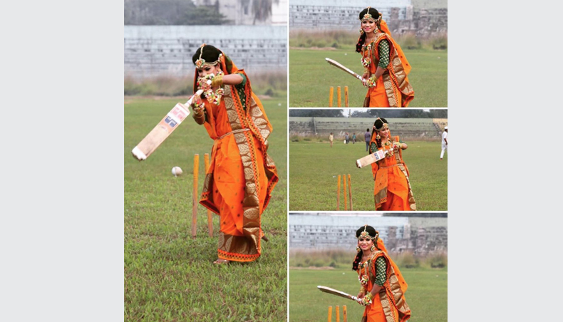 A combo picture shows Bangladesh women’s team cricketer Sanjida Islam, wearing a traditional wedding saree, playing cricket as part of her wedding photo shoot. — Courtesy ICC