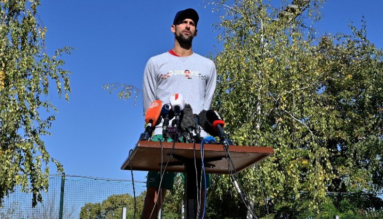 Serbian tennis player Novak Djokovic attends an open air press conference in Belgrade on Thursday. — AFP photo