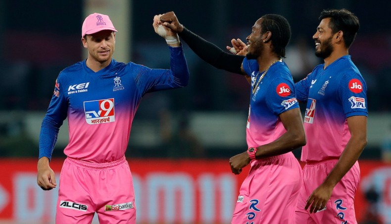 Rajasthan Royals pacer Jofra Archer (C) celebrates the wicket of Sunrisers Hyderabad batsman David Warner during their Indian Premier League match in Abu Dhabi on Thursday. — IPL photo