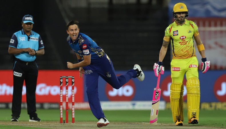 Mumbai Indians pacer Trent Boult bowls during their Indian Premier League match against Chennai Super Kings in Abu Dhabi on Friday. — IPL photo