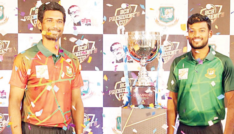A file photo from October 10 shows Mahmudullah (L) and Nazmul Hossain posing for photograph during the trophy unveiling ceremony of the BCB President’s Cup at Mirpur. — BCB photo