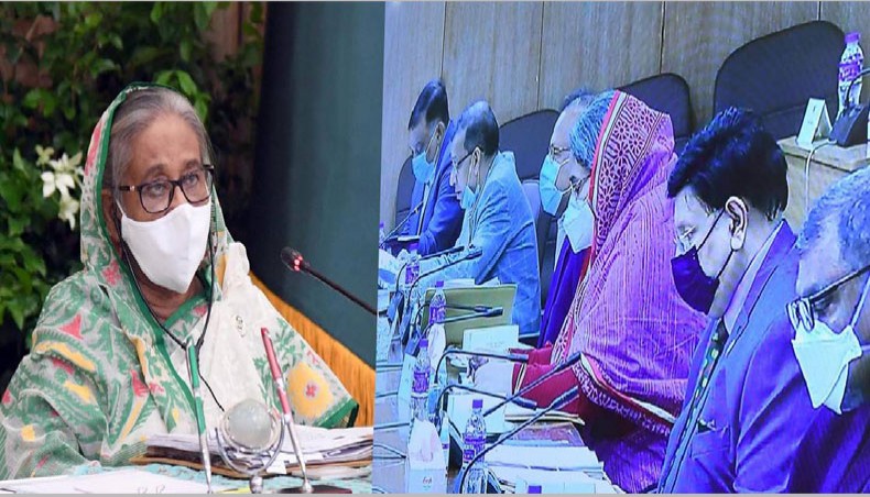 Prime minister Sheikh Hasina chairs the weekly Cabinet meeting virtually from Ganobhaban on Sunday. — UNB Photo