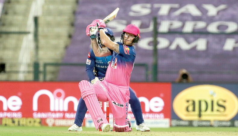 Rajasthan Royals all-rounder Ben Stokes plays a shot during their Indian Premier League match against Mumbai Indians in Abu Dhabi on Sunday. — Twitter photo