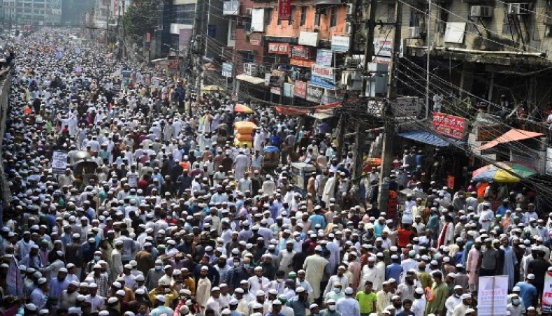 Activists and supporters of the Islami Andolon Bangladesh, a Islamist political party, hold a protest march calling for the boycott of French products and denouncing French president Emmanuel Macron for his comments over Prophet Mohammed caricatures, in Dhaka on October 27, 2020.-AFP photo
