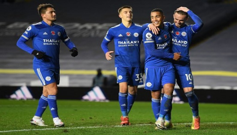 Leicester City's Belgian midfielder Youri Tielemans (2R) celebrates scoring his team's fourth goal during their English Premier League football match against Leeds United at Elland Road in Leeds, northern England on November 2, 2020.- AFP photo