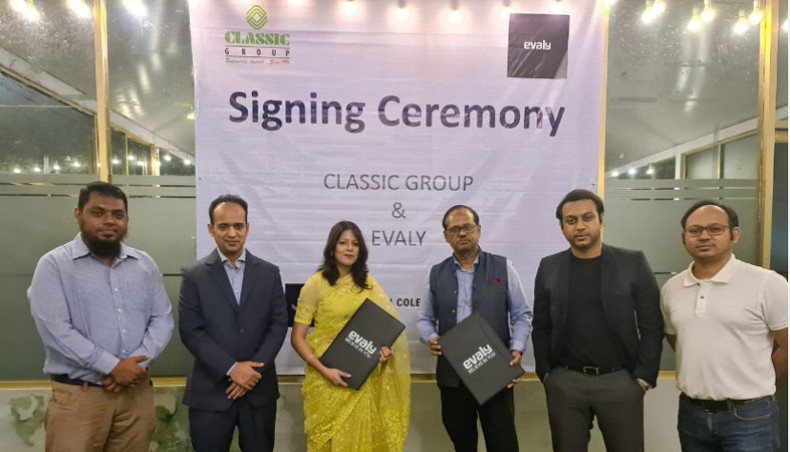Participants pose for a photo session at an agreement signing ceremony between Evaly and Classic Group recently. — Press Release Photo