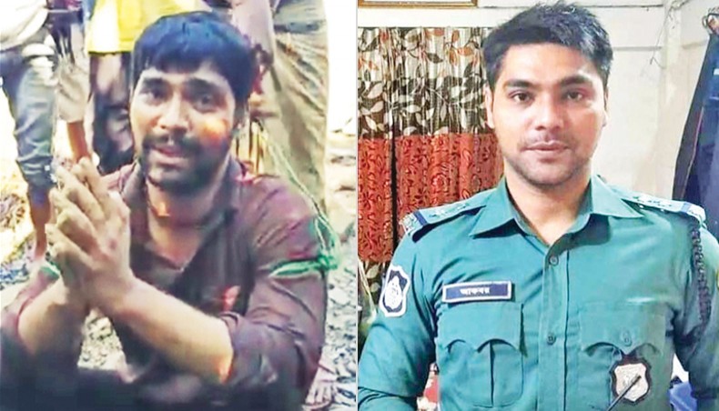 Left, suspended police sub-inspector Akbar Hossain Bhuiyan is seen after his arrest on Monday. Right, a file photo shows Akbar while he was serving as a police sub-inspector. — New Age photo