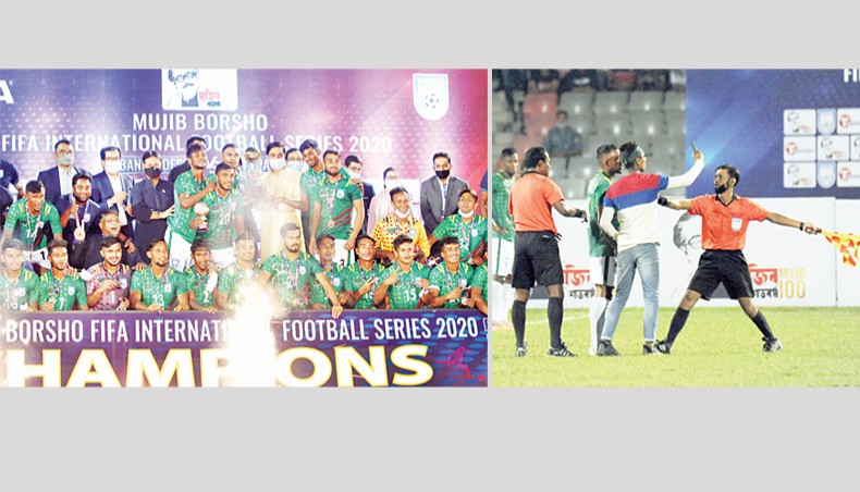 Bangladesh players celebrate with the trophy at the end of their second of the two-match FIFA International friendly series against Nepal while a pitch invader takes a selfie with host captain Jamal Bhuiyan (2nd-L) at the Bangabandhu National Stadium on Tuesday. — New Age photos