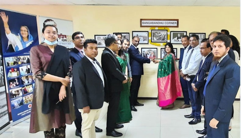 Participants at the inauguration of a ‘Bangabandhu Corner’ in memory of Sheikh Mujibur Rahman, the founding president of Bangladesh, at the Bangladesh High Commission in Mauritius on Tuesday. — Press Release