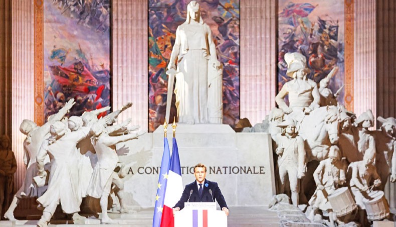 French president Emmanuel Macron delivers a speech inside the Pantheon monument, during a ceremony honouring the World War I soldiers in Paris on November 11. — Agence France-Presse/Pool/Ludovic Marin