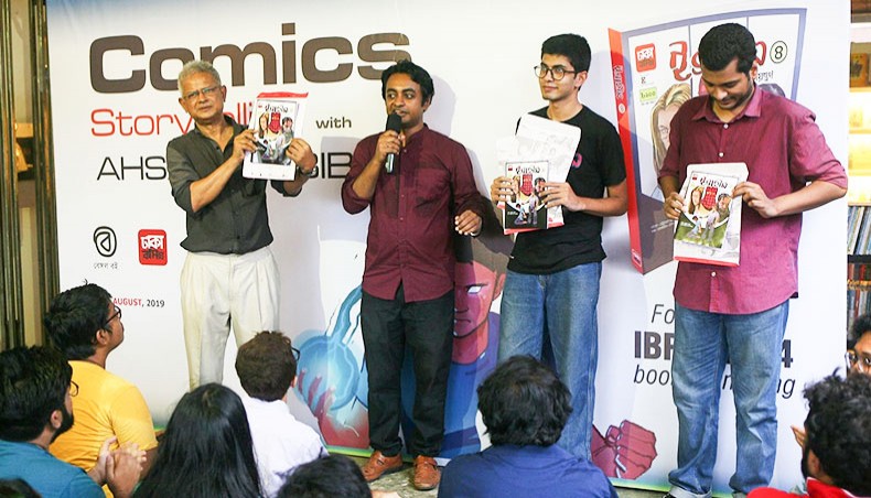 Members of Dhaka Comics, from left, advisor Ahsan Habib, publisher Mehedi Haque, writer and executive Tanjim Ul Islam and comic artist Adrian Anik were posing for a photograph in a book launching event at the Bengal Boi, Dhaka on August 30, 2019. — Dhaka Comics
